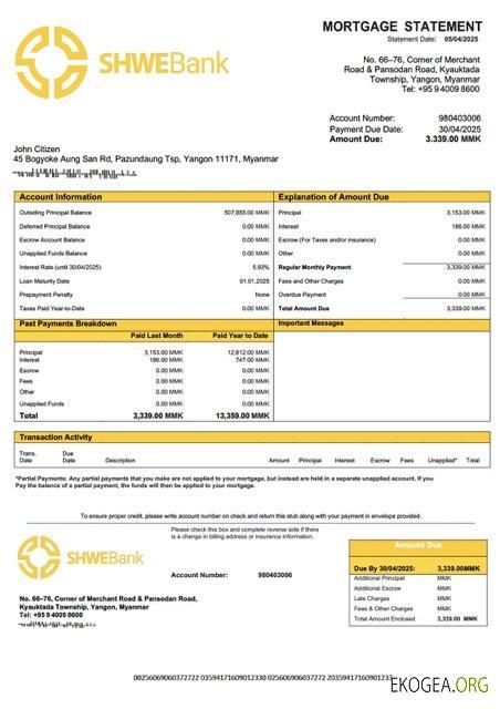 Modèle Word et PDF de relevé hypothécaire de la Myanmar Shwe Bank